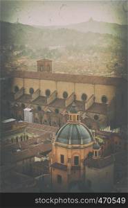 vintage card - a top view of the historic center of Bologna and the Tuscany hills in the background, Italy