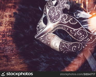 Vintage carnival mask. Top view, closeup, nobody. Preparing for the holidays. Vintage carnival mask. Preparing for the holidays