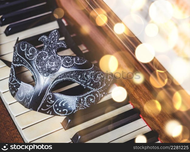 Vintage carnival mask. View from above, close-up, nobody. Preparing for the holidays. Vintage carnival mask. View from above, close up