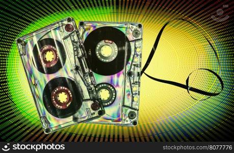 Vintage cassette tape on vintage rays background