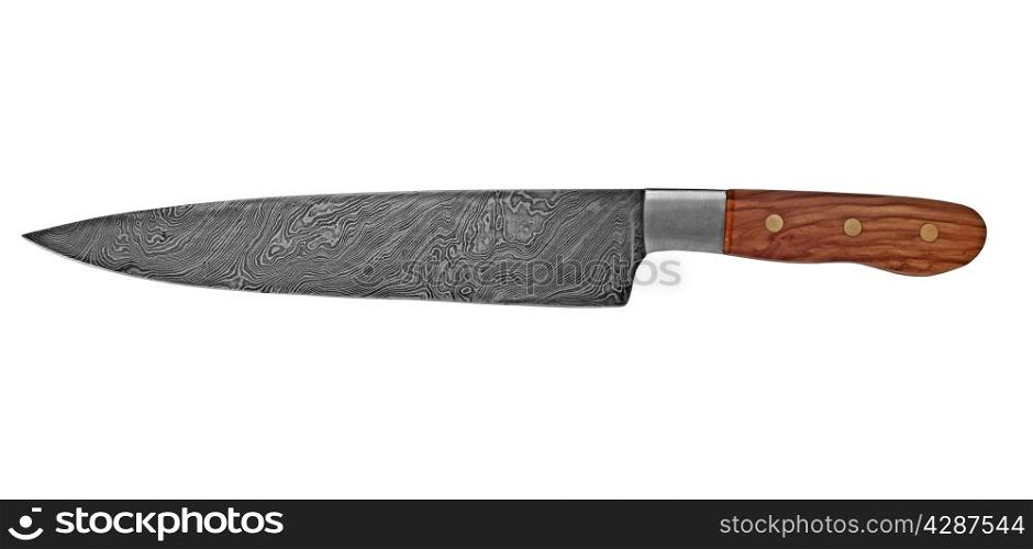 vintage chef damascus steel knife over white, clipping path