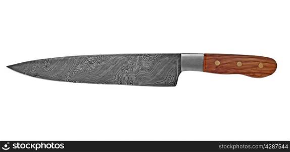 vintage chef damascus steel knife over white, clipping path