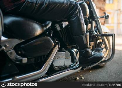 Vintage chopper with chrome elements, bikers concept. Black powerful motorbike, two-wheeled transport