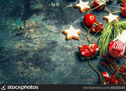Vintage Christmas background with red decoration and cookies, horizontal