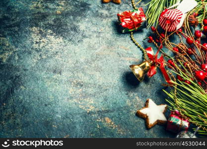 Vintage Christmas background with red decoration, Fir branches and cookies, horizontal