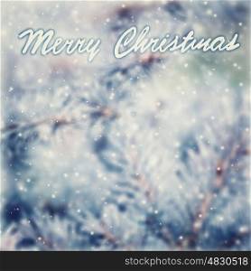 Vintage Christmas greeting card background, beautiful vintage abstract background with text space, coniferous tree branch covered with hoar frost, selective focus on the text