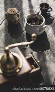 Vintage coffee grinder and beans