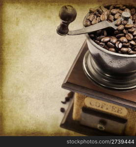 Vintage coffee grinder with coffee beans (with sample text)