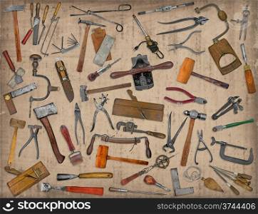 vintage collectible tools mix collage over old stain paper background