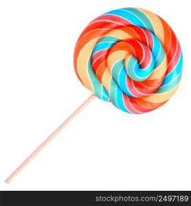 Vintage colored rainbow lollipop swirl on wooden stick isolated on white background