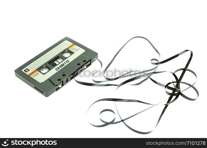 Vintage compact cassette tape on white background, Close up set of old audio tapes