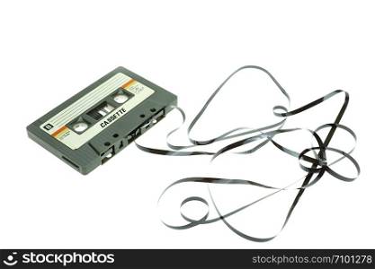 Vintage compact cassette tape on white background, Close up set of old audio tapes