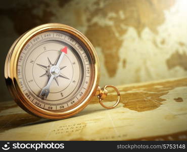 Vintage compass on the old world map. Travel concept. 3d