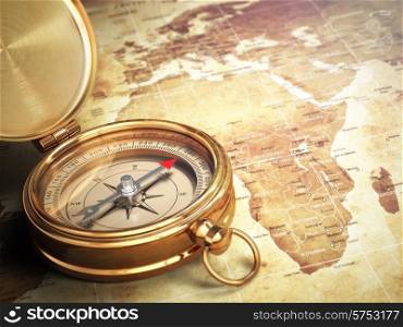 Vintage compass on the old world map with DOF effect. Travel concept. 3d