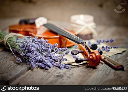 Vintage composition with violin and lavender