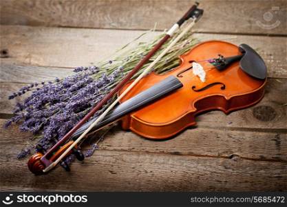 Vintage composition with violin and lavender