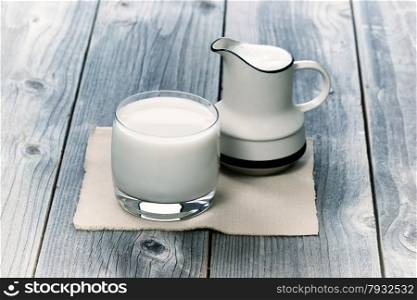 Vintage concept of a glass of milk and pitcher on rustic wood&#xA;&#xA;