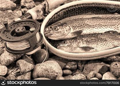 Vintage concept of fly reel, focus on front of reel, with trout, landing net and rocks in background