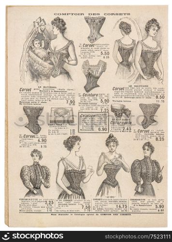 Vintage corset. Antique engraved picture. Antique fashion shop advertising, page of original shopping catalog La Samaritaine, Paris, France, circa 1897