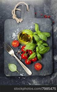 vintage cutting board and fresh ingredients - Cooking, Italian food, Healthy Eating or Vegetarian concept