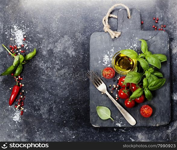 vintage cutting board and fresh ingredients - Cooking, Italian food, Healthy Eating or Vegetarian concept