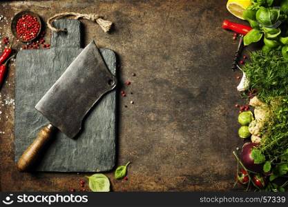 Vintage cutting board,meat cleaver and cooking ingredients on dark rustic background