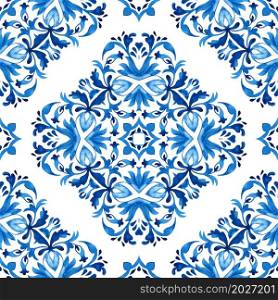 Vintage damask seamless ornamental watercolor arabesque paint tile design pattern for decor . Portuguese ceramic tile design. Abstract seamless ornamental watercolor damask arabesque paint pattern.