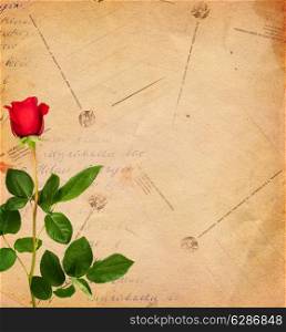 Vintage decorative background with red rose and postal cards