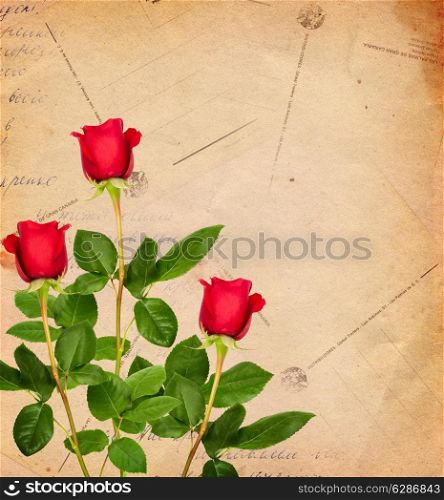 Vintage decorative background with red roses and postal cards