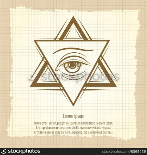 Vintage double triangle and eye sign. Double triangle and eye vintage style freemasony vector sign
