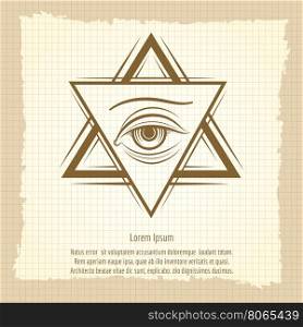 Vintage double triangle and eye sign. Double triangle and eye vintage style freemasony vector sign