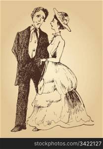 vintage drawing illustration of retro couple