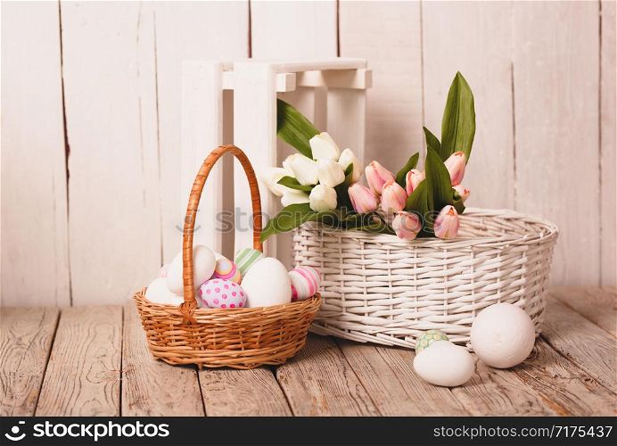 Vintage easter decoration with eggs and tulip flowers.. Vintage easter decoration with eggs and tulip flowers