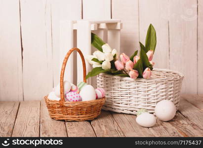 Vintage easter decoration with eggs and tulip flowers.. Vintage easter decoration with eggs and tulip flowers