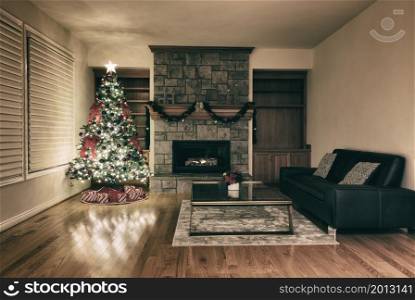 Vintage effect for Christmas, New Year interior background with decorated fir tree and glowing fireplace