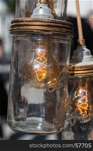 Vintage Electric Carbon Light, Amber Bulb Filament inside Can