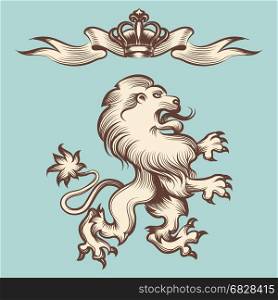 Vintage engraving lion with crown. Hand drawn vintage engraving royal lion with crown and ribbon. Vector illustration