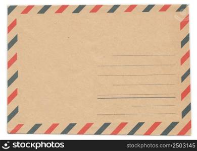 Vintage envelope front side, air mail, blank, old yellowed paper, isolated on white