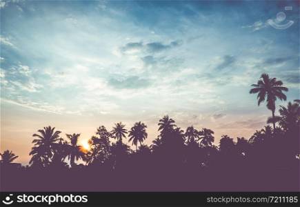 vintage filter : silhouette landscape of coconut tree ,tropical sunset scene in Thailand.