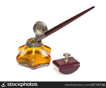 Vintage fountain pen and inkwell isolated on a white background with clipping path