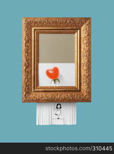 Vintage frame with a selfdestructive picture of a smiling girl holding a balloon made of tomato in the shape of a heart on blue background, modern art. Girl with a ripe tomato balloon in the shape of a heart in a vintage frame with an ornament on a blue background. Self-destructive picture as symbol of modern art