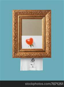 Vintage frame with a selfdestructive picture of a smiling girl holding a balloon made of tomato in the shape of a heart on blue background, modern art. Girl with a ripe tomato balloon in the shape of a heart in a vintage frame with an ornament on a blue background. Self-destructive picture as symbol of modern art