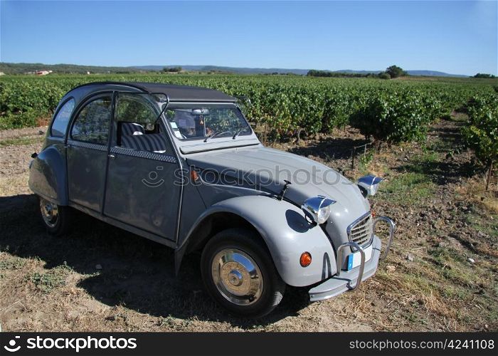 Vintage French car in a vineyard in the Provence