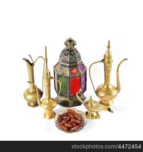 Vintage golden arabic decorations. Holidays composition with dates fruits. Oriental hospitality concept. Ramadan kareem
