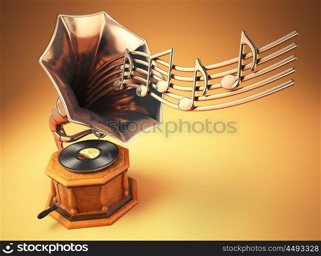 Vintage gramophone with gold musical notes. Retro background. 3d illustration