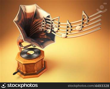 Vintage gramophone with gold musical notes. Retro background. 3d illustration