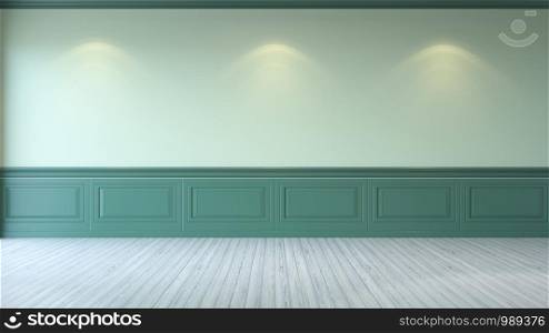 vintage green room ,Minimalist interior ,emtry green wall and white wood flooring , 3d render