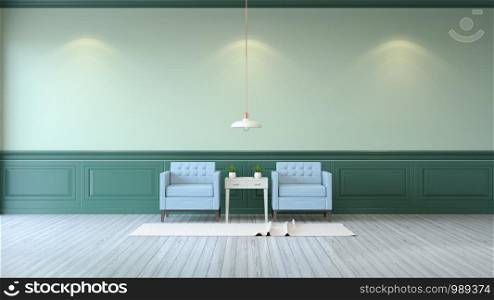 vintage green room ,Minimalist interior ,light blue armchairs with green mint table and white lamp on green wall and white wood flooring , 3d render