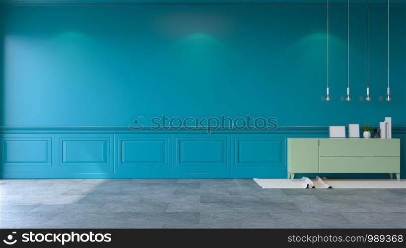 vintage green room ,Modern loft interior , green mint cabinet and white lamp on green wall and black concrete flooring , 3d render