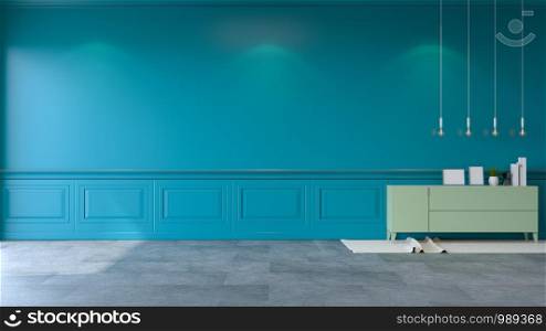 vintage green room ,Modern loft interior , green mint cabinet and white lamp on green wall and black concrete flooring , 3d render